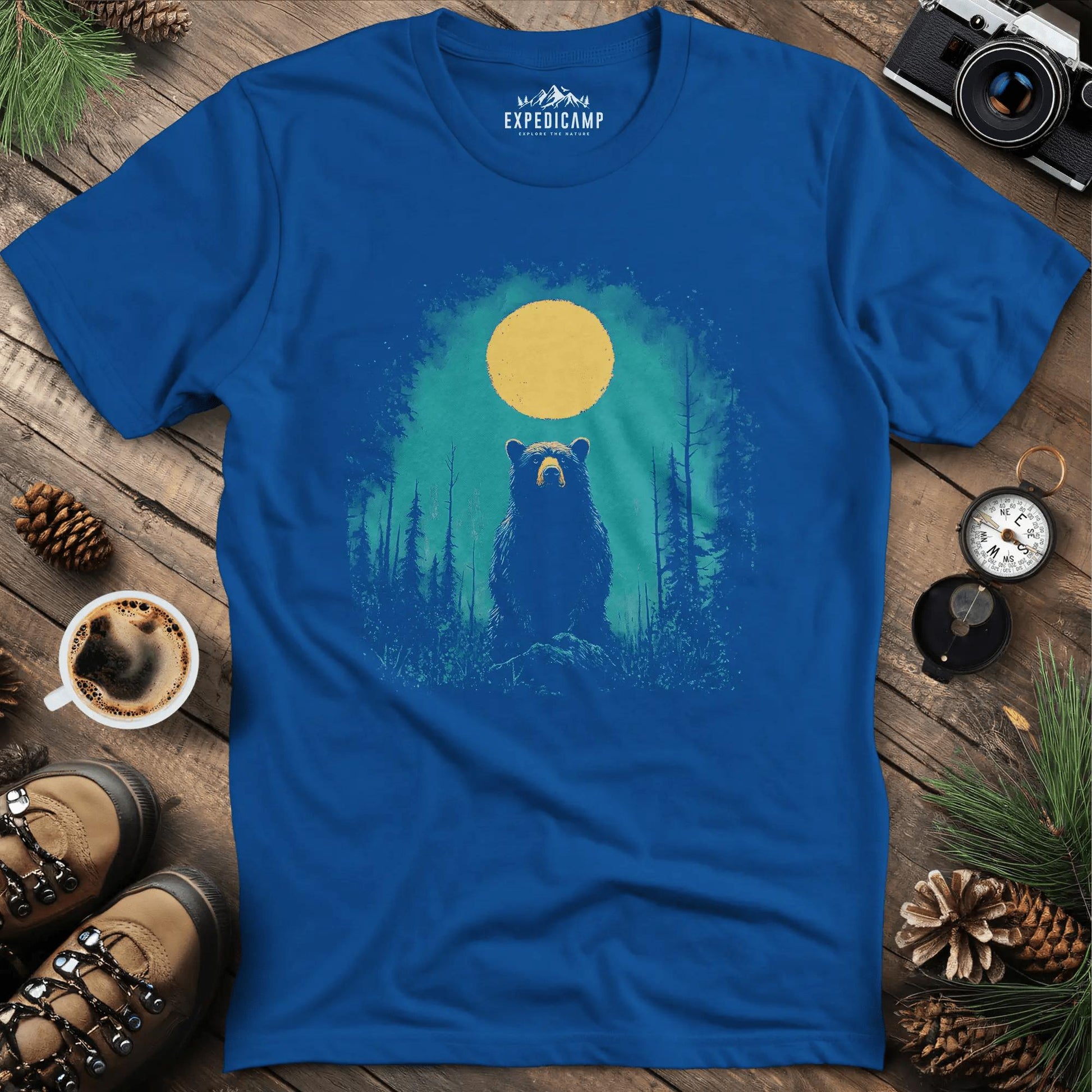Bear Under the Moon T-Shirt – Mysterious Wilderness Design – Royal – Outdoor apparel for travel, hiking, camping, and nature lovers – ExpediCamp