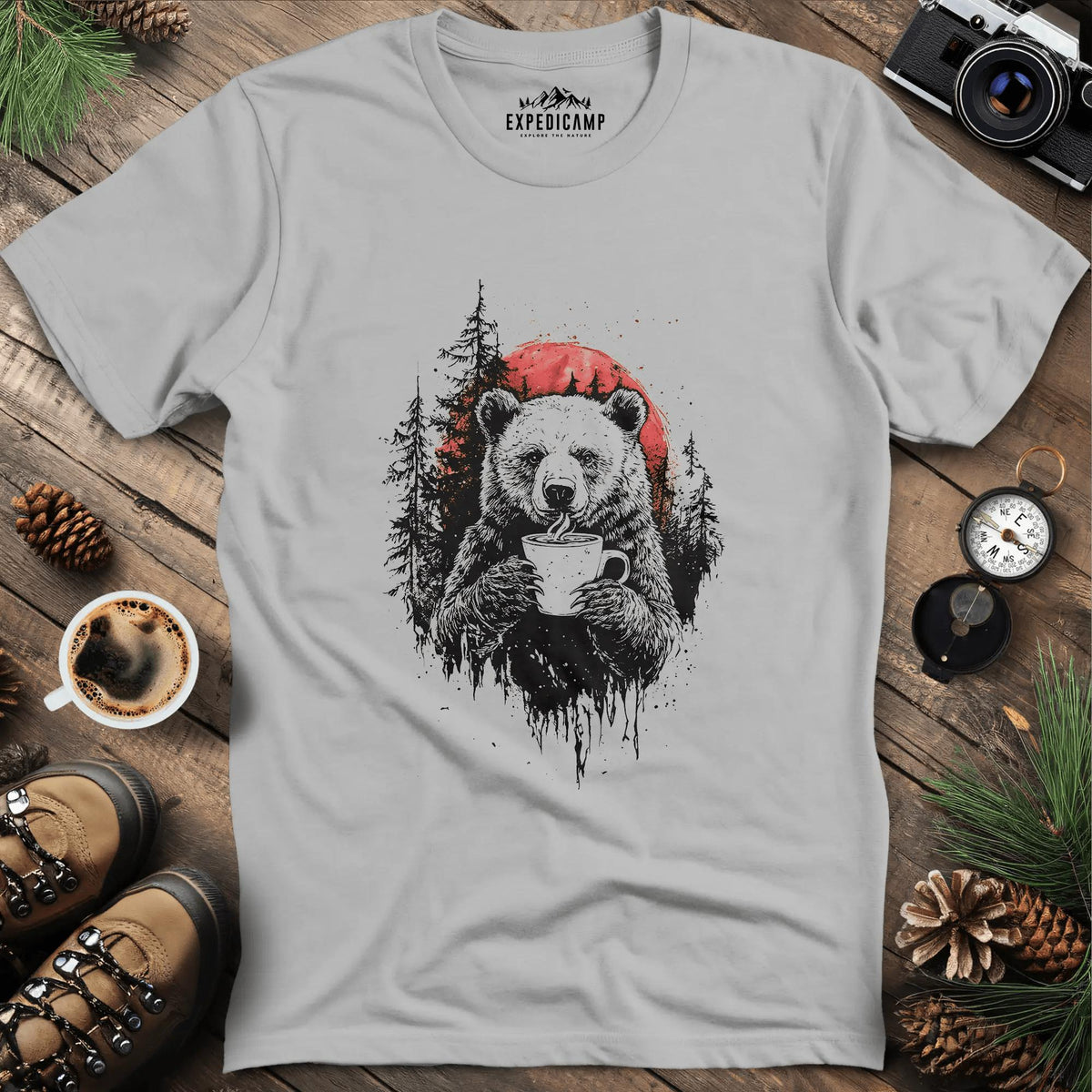 Bear with Coffee and Red Sun T-Shirt – Ice Grey – Outdoor apparel for travel, hiking, camping, and nature lovers – ExpediCamp