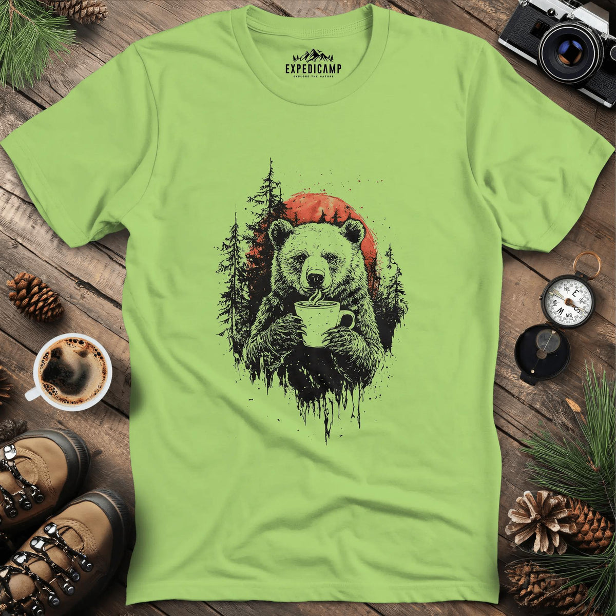 Bear with Coffee and Red Sun T-Shirt – Kiwi – Outdoor apparel for travel, hiking, camping, and nature lovers – ExpediCamp