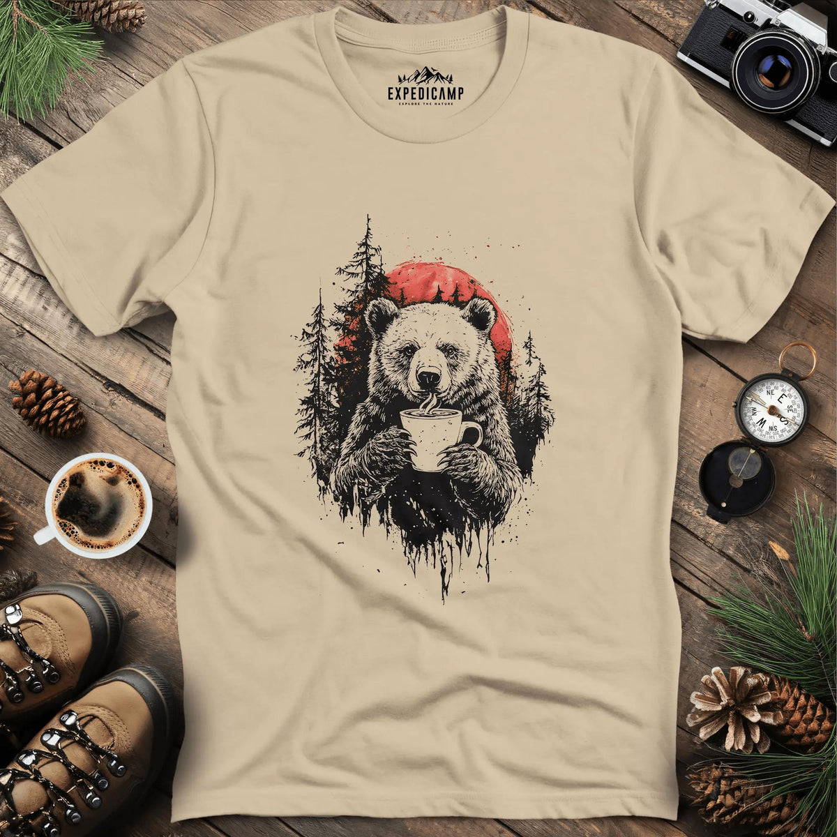 Bear with Coffee and Red Sun T-Shirt – Sand – Outdoor apparel for travel, hiking, camping, and nature lovers – ExpediCamp