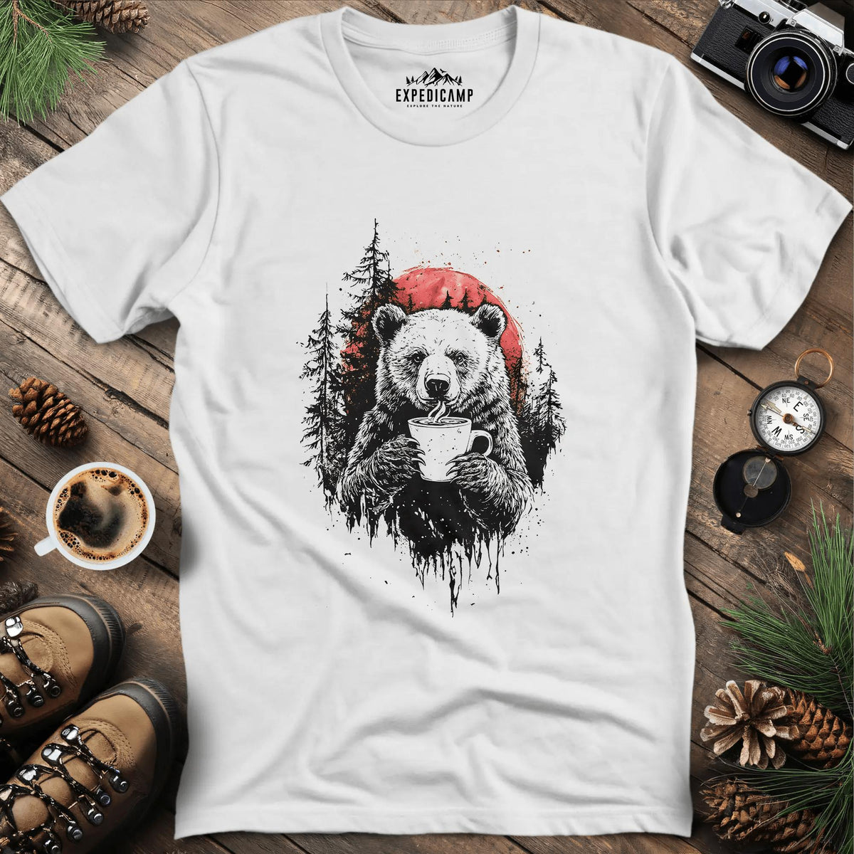 Bear with Coffee and Red Sun T-Shirt – White – Outdoor apparel for travel, hiking, camping, and nature lovers – ExpediCamp