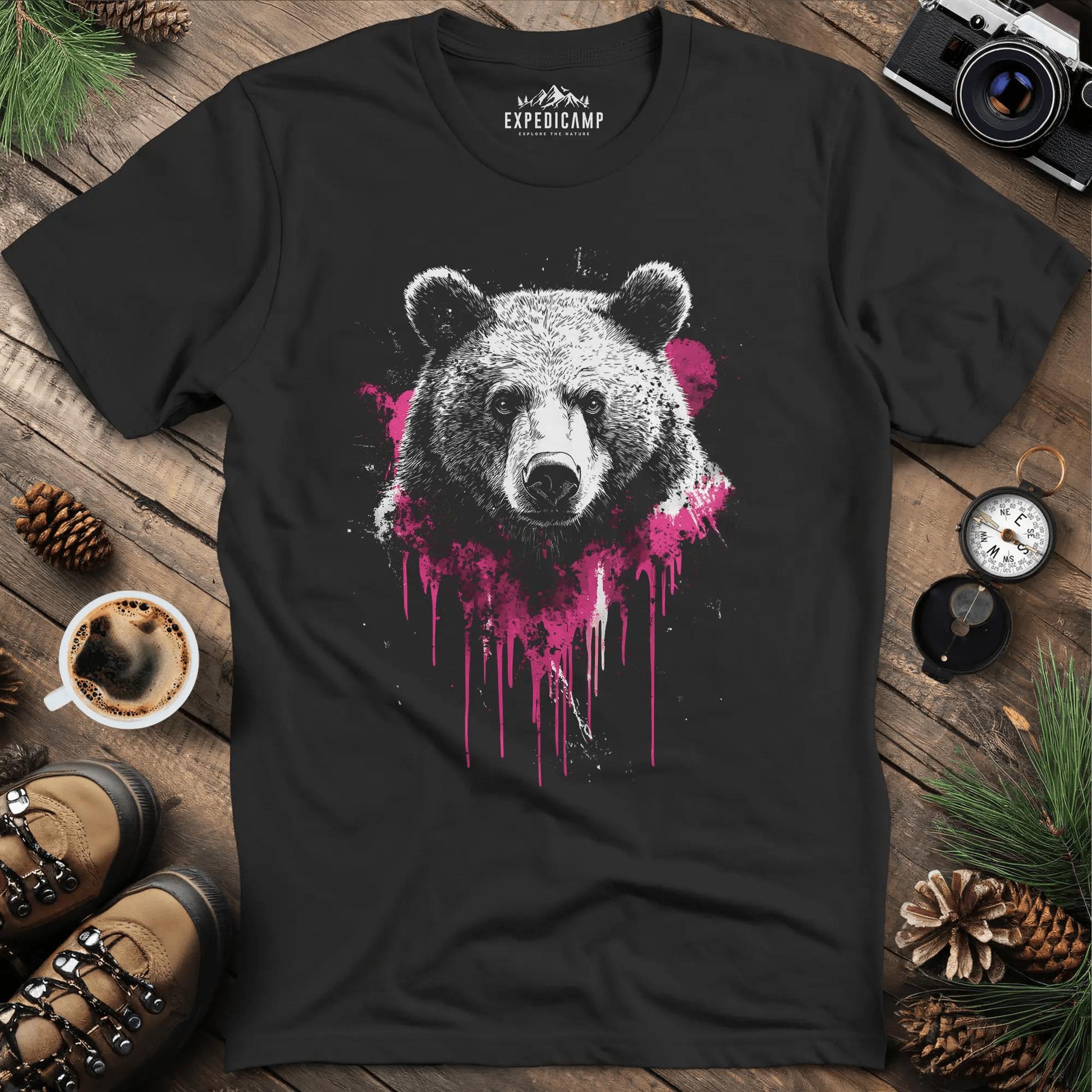 Bear with Pink Paint Splash T-Shirt – Black – Outdoor apparel for travel, hiking, camping, and nature lovers – ExpediCamp