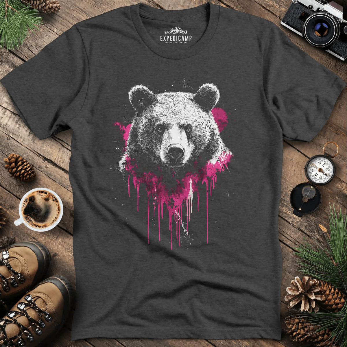 Bear with Pink Paint Splash T-Shirt – Dark Heather – Outdoor apparel for travel, hiking, camping, and nature lovers – ExpediCamp