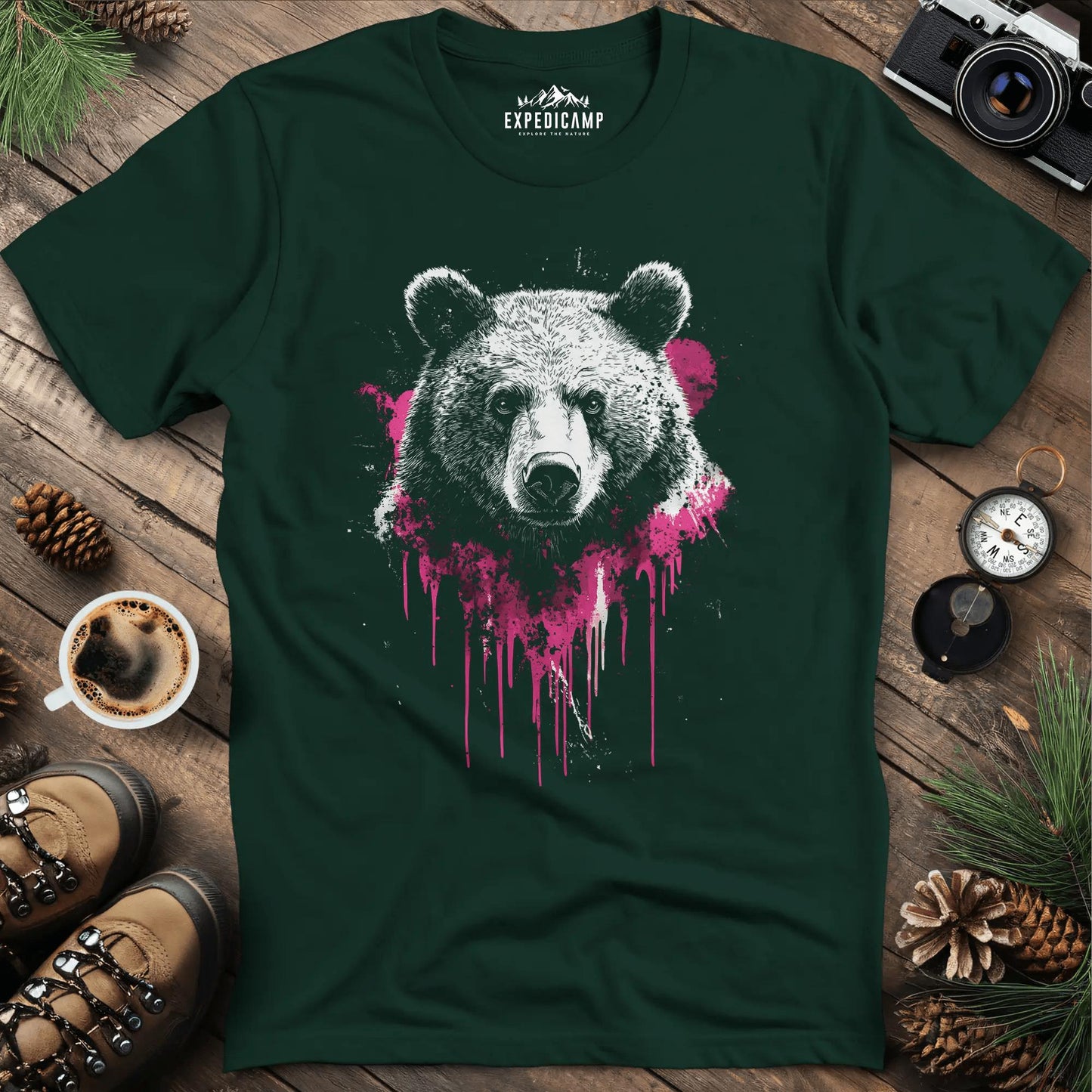 Bear with Pink Paint Splash T-Shirt – Forest Green – Outdoor apparel for travel, hiking, camping, and nature lovers – ExpediCamp