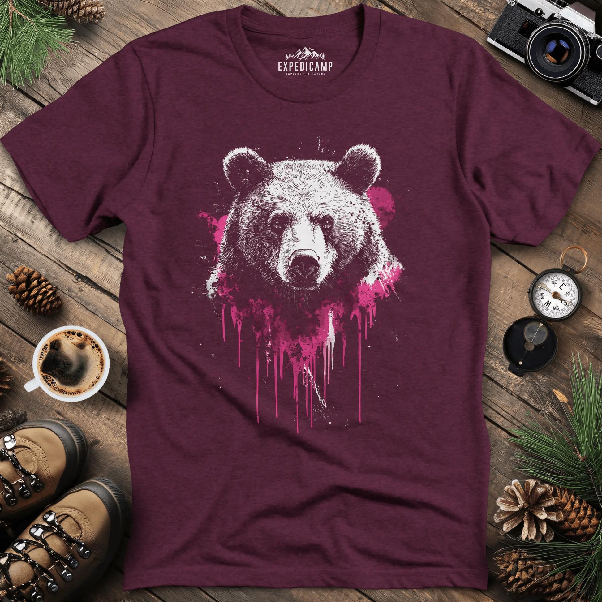 Bear with Pink Paint Splash T-Shirt – Heather Maroon – Outdoor apparel for travel, hiking, camping, and nature lovers – ExpediCamp