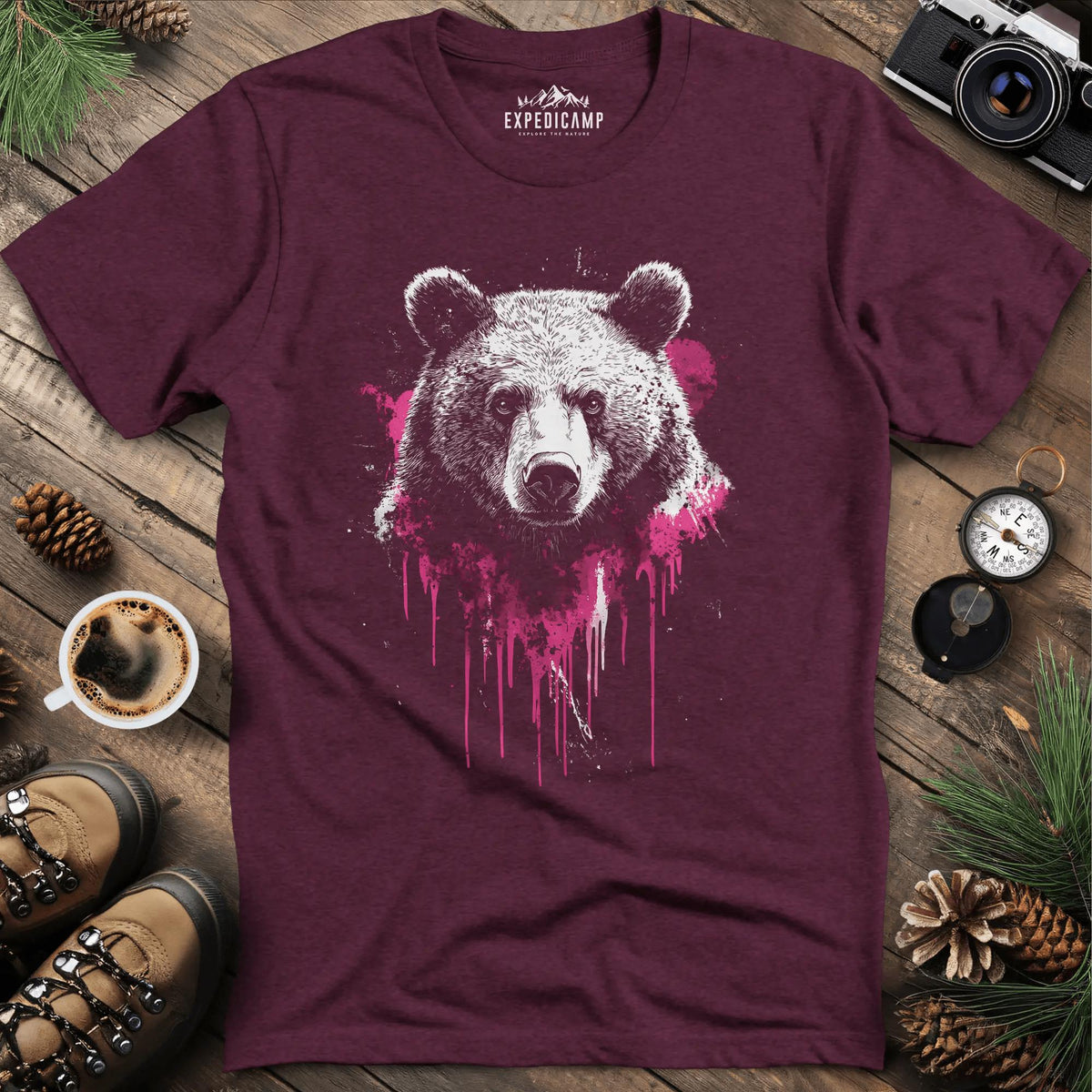 Bear with Pink Paint Splash T-Shirt – Heather Maroon – Outdoor apparel for travel, hiking, camping, and nature lovers – ExpediCamp