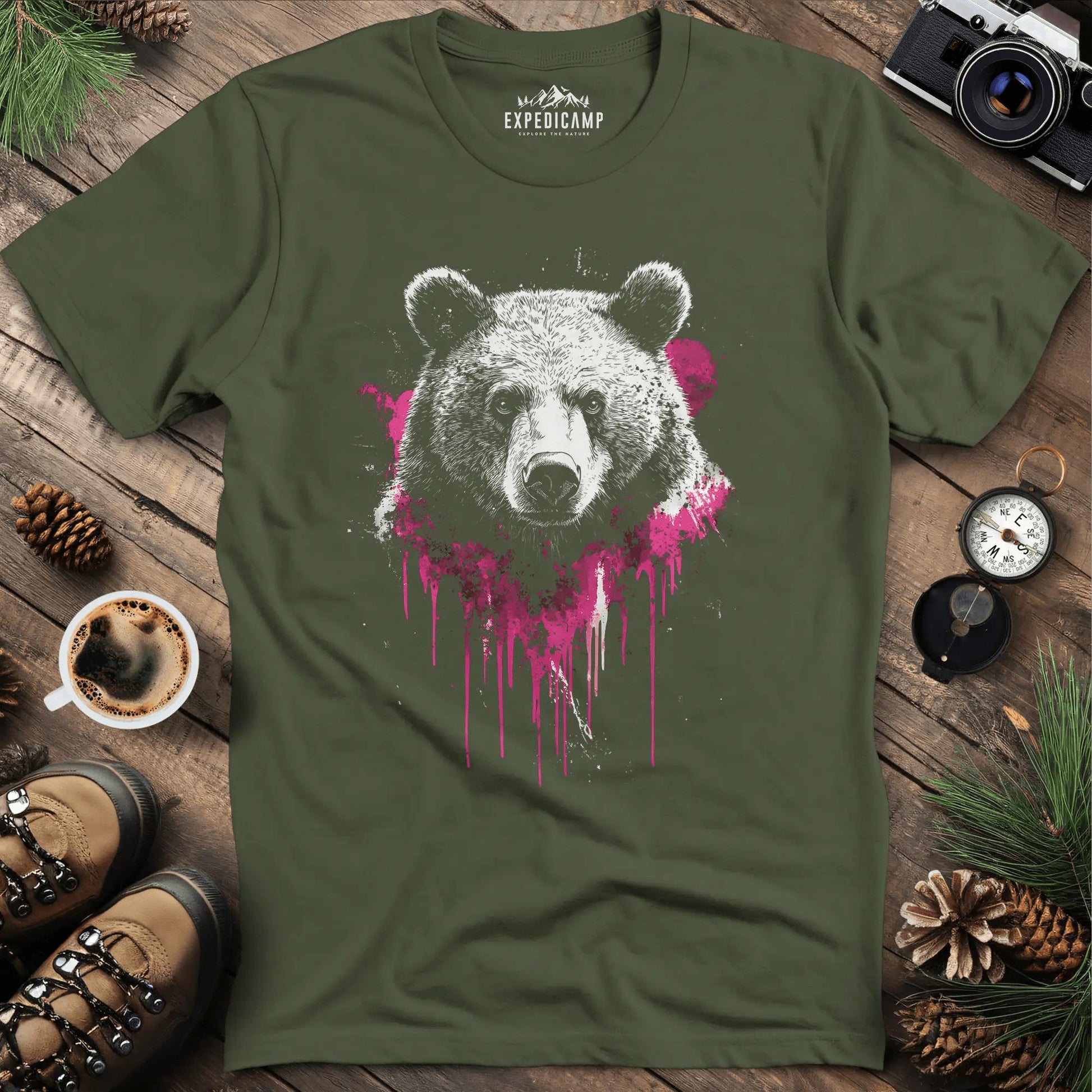 Bear with Pink Paint Splash T-Shirt – Military Green – Outdoor apparel for travel, hiking, camping, and nature lovers – ExpediCamp