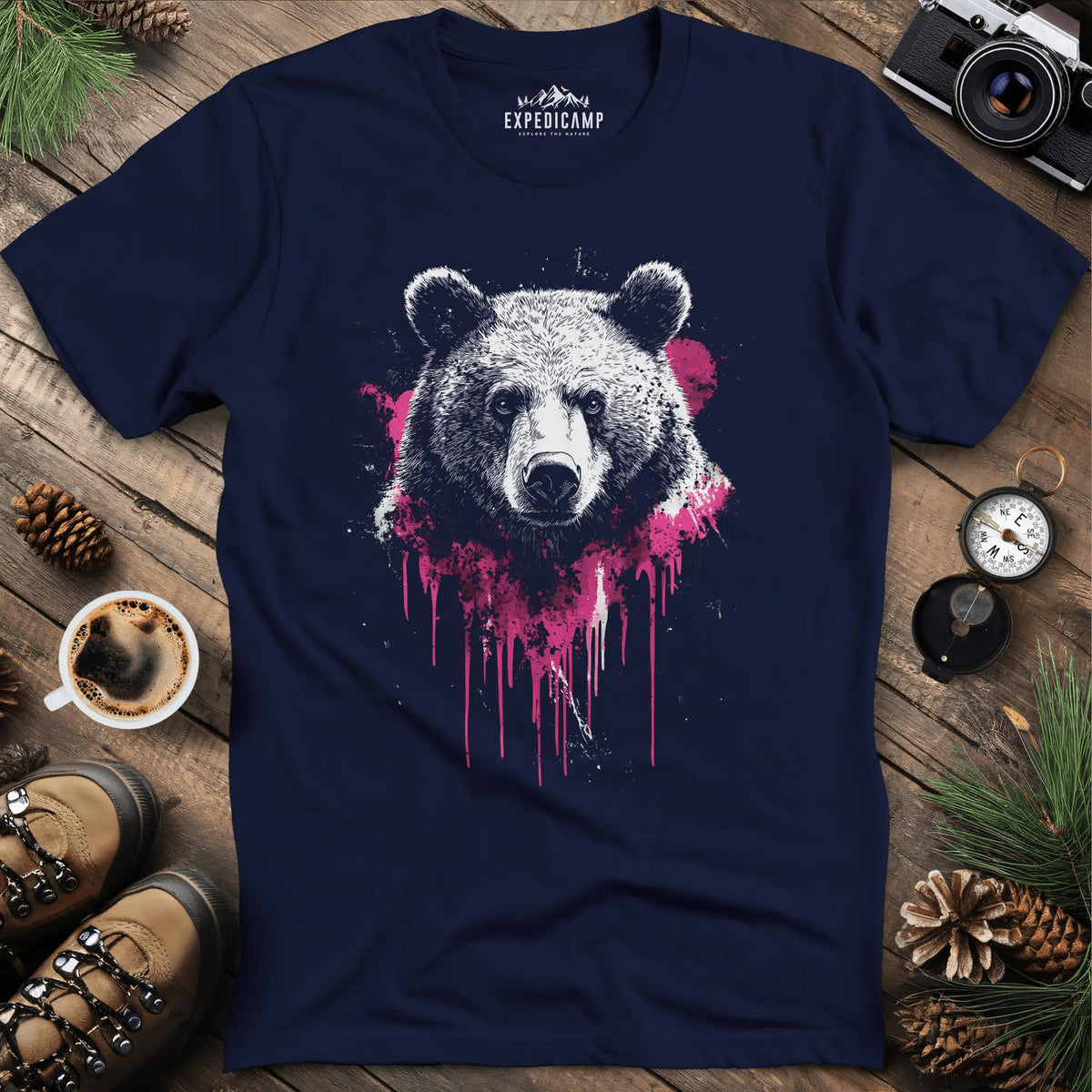 Bear with Pink Paint Splash T-Shirt – Navy – Outdoor apparel for travel, hiking, camping, and nature lovers – ExpediCamp