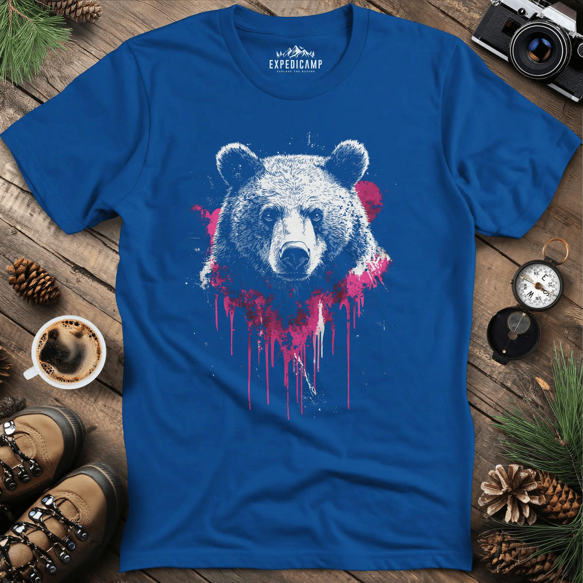 Bear with Pink Paint Splash T-Shirt – Royal – Outdoor apparel for travel, hiking, camping, and nature lovers – ExpediCamp