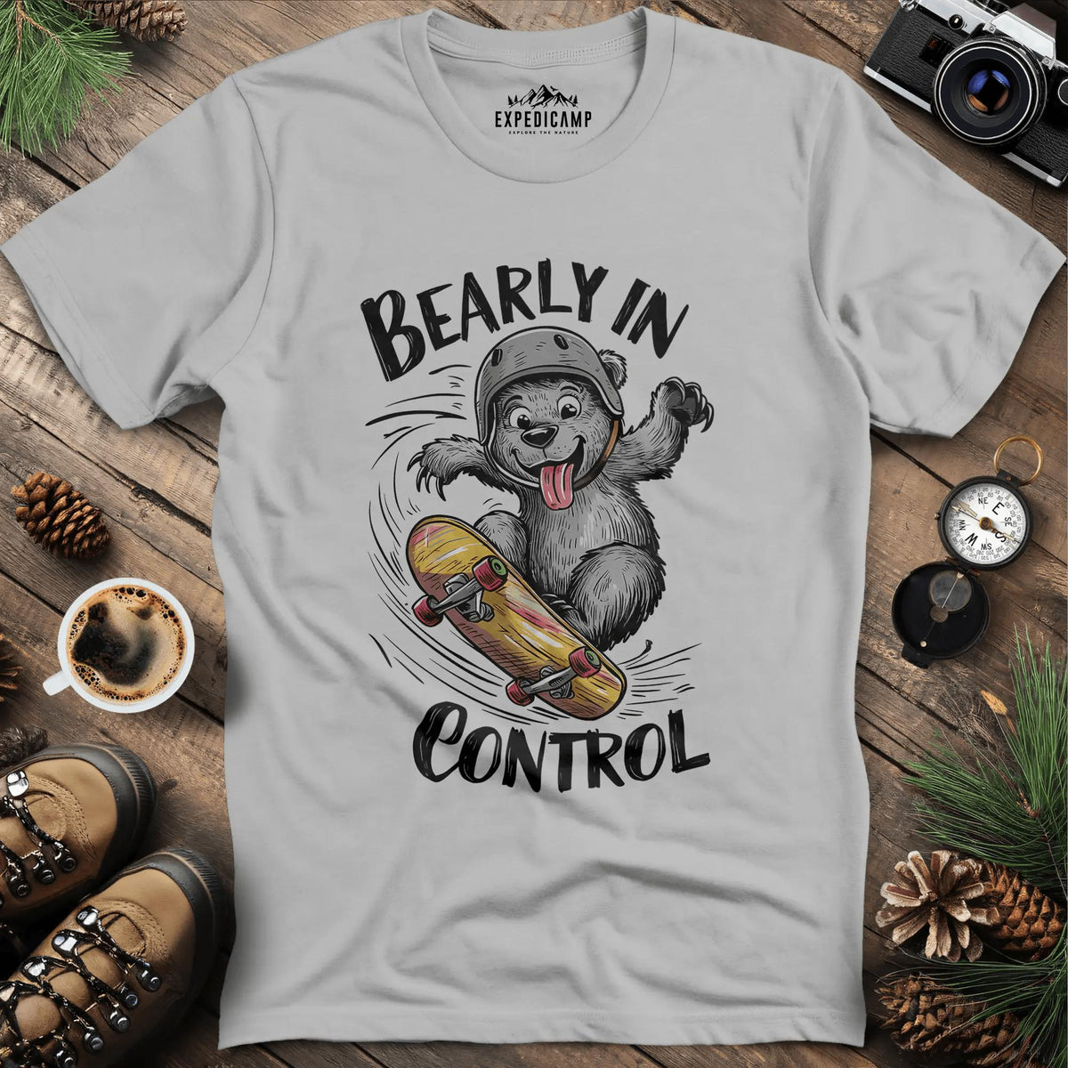Bearly in Control Skateboarding T-Shirt – Ice Grey – Outdoor apparel for travel, hiking, camping, and nature lovers – ExpediCamp