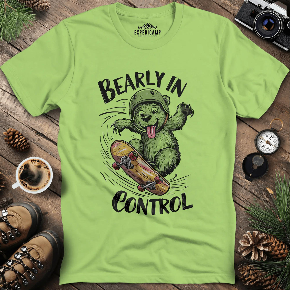 Bearly in Control Skateboarding T-Shirt – Kiwi – Outdoor apparel for travel, hiking, camping, and nature lovers – ExpediCamp
