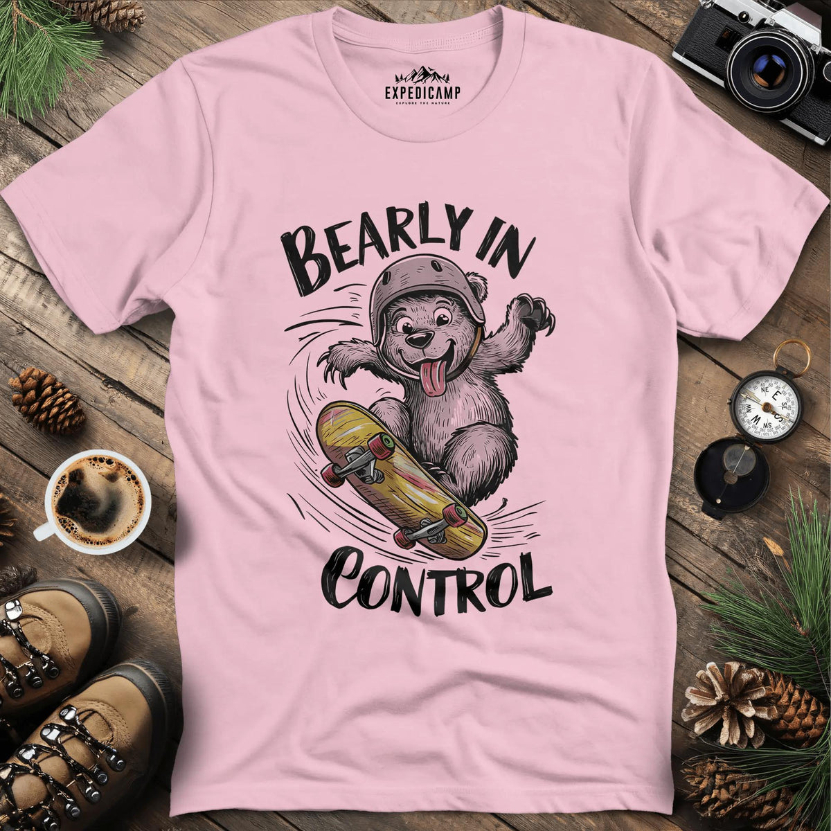 Bearly in Control Skateboarding T-Shirt – Light Pink – Outdoor apparel for travel, hiking, camping, and nature lovers – ExpediCamp