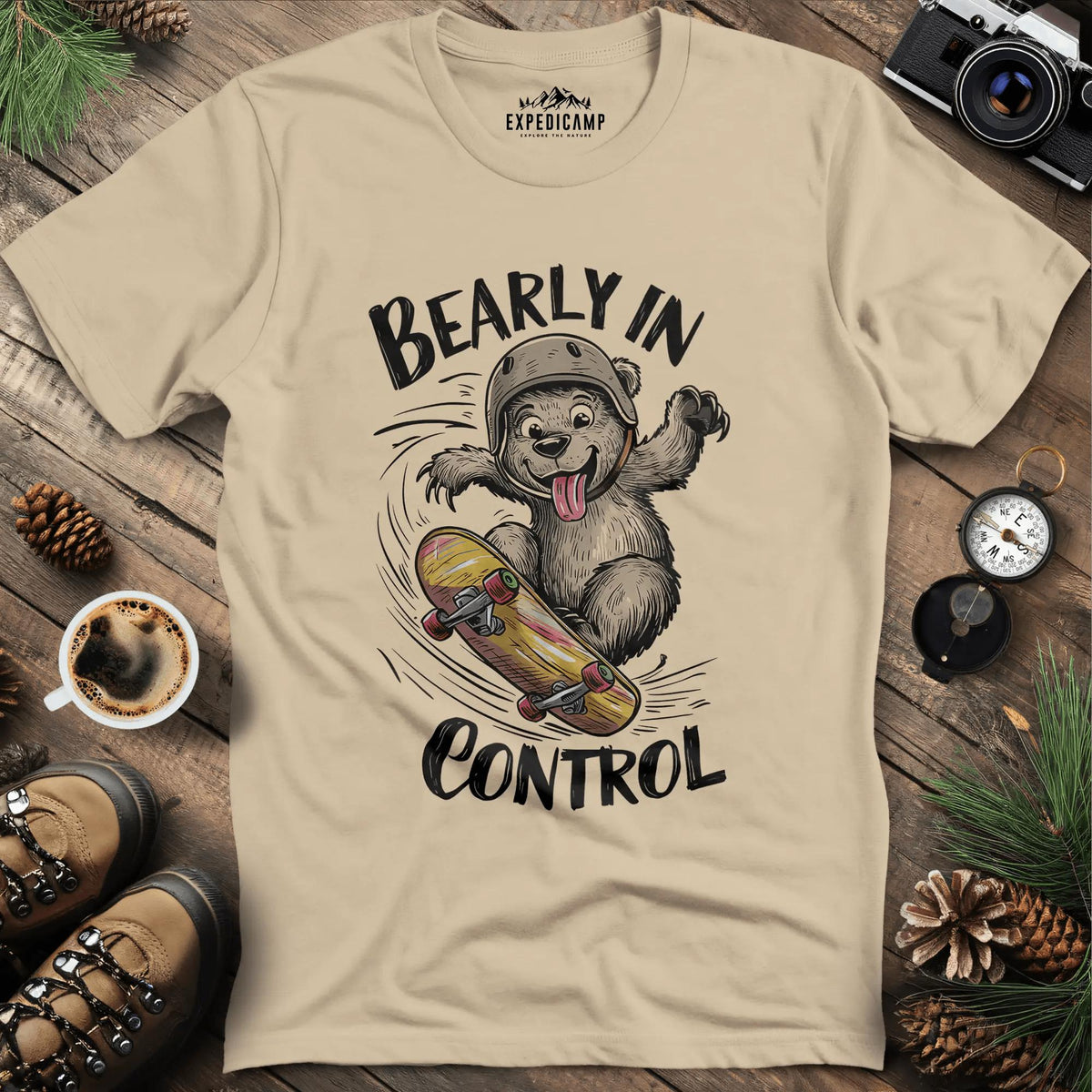 Bearly in Control Skateboarding T-Shirt – Sand – Outdoor apparel for travel, hiking, camping, and nature lovers – ExpediCamp
