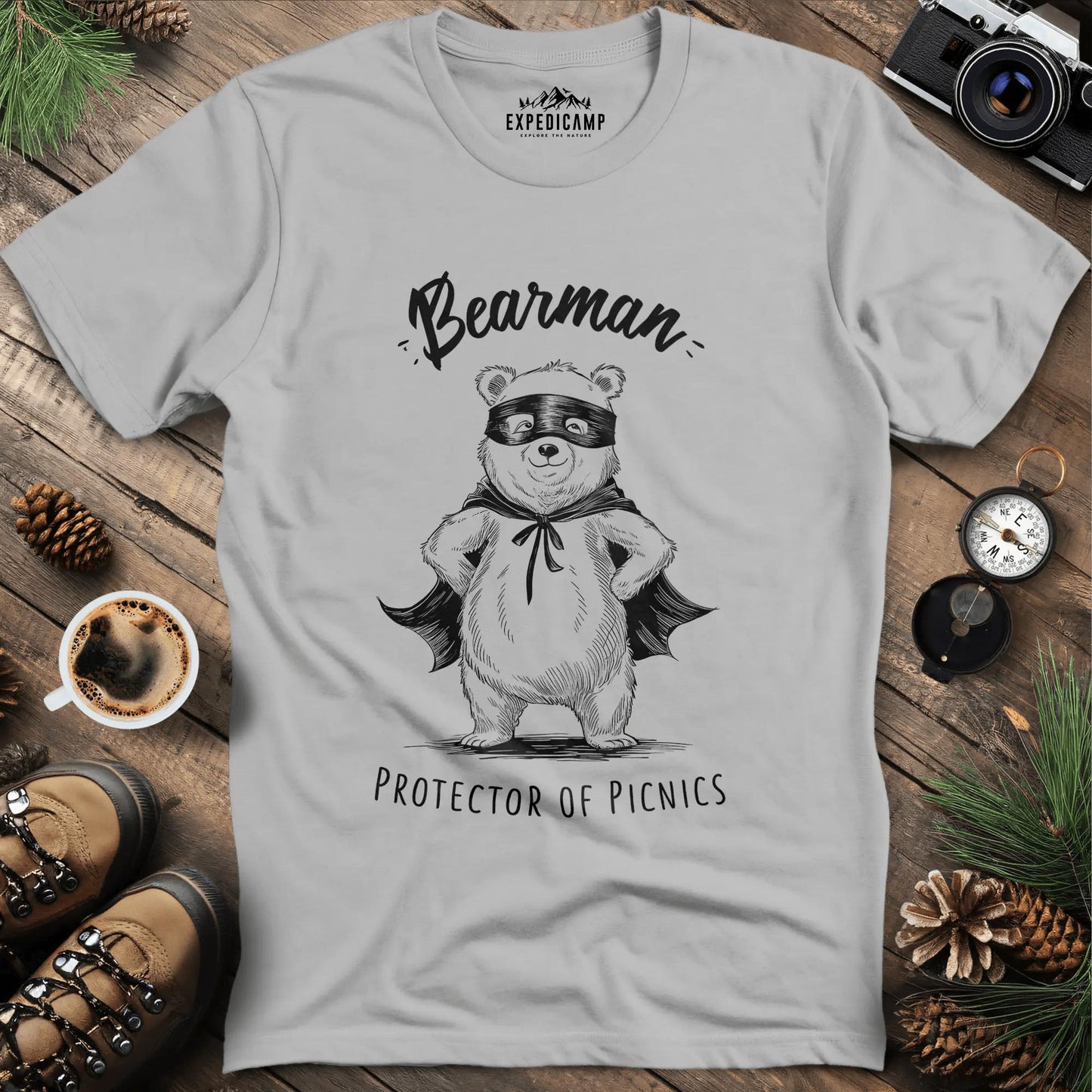Bearman Protector of Picnics T-Shirt – Ice Grey – Outdoor apparel for travel, hiking, camping, and nature lovers – ExpediCamp