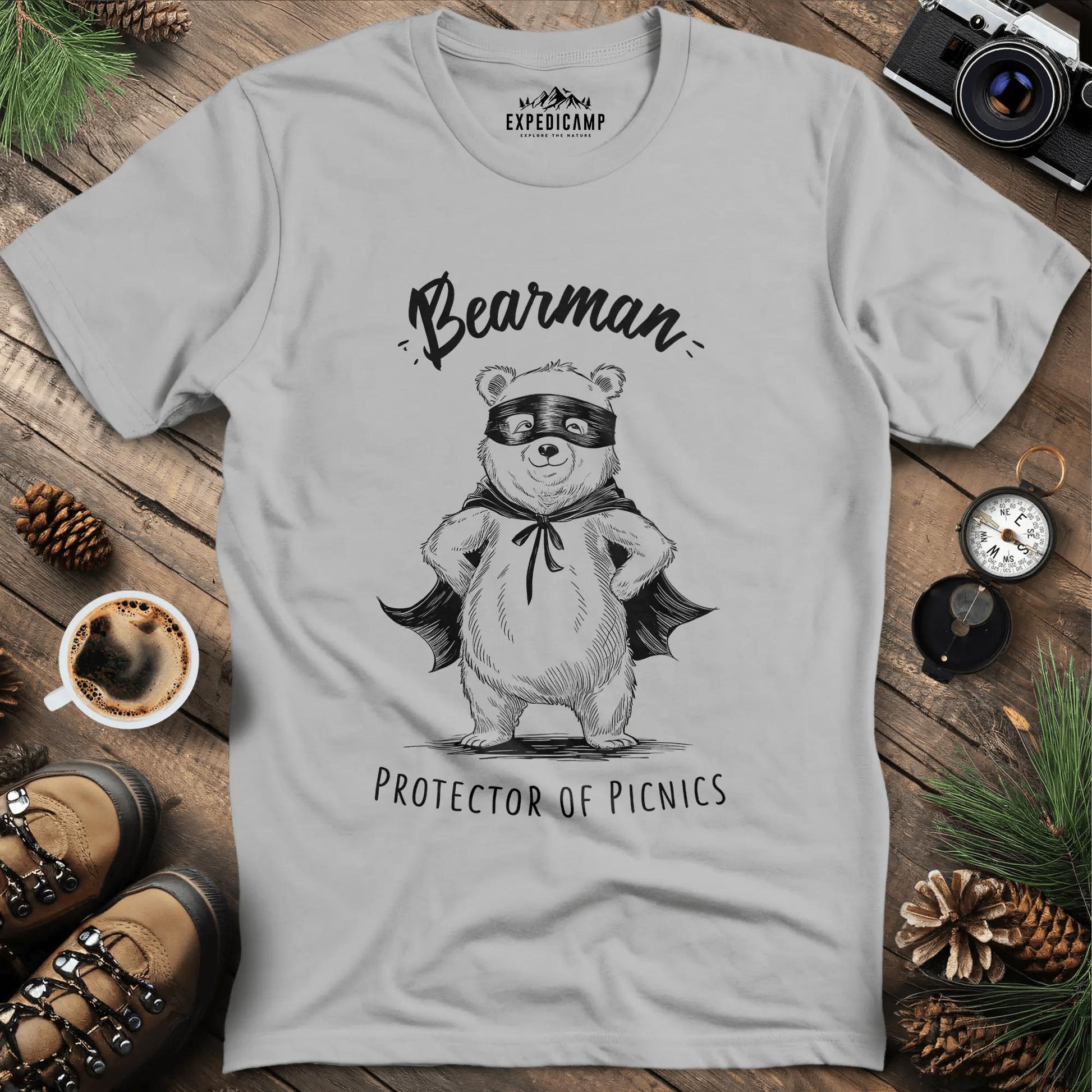 Bearman Protector of Picnics T-Shirt – Ice Grey – Outdoor apparel for travel, hiking, camping, and nature lovers – ExpediCamp
