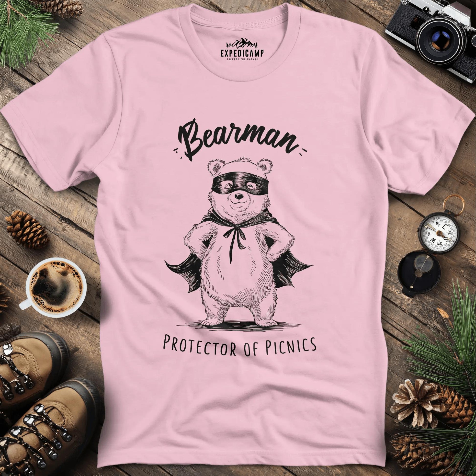 Bearman Protector of Picnics T-Shirt – Light Pink – Outdoor apparel for travel, hiking, camping, and nature lovers – ExpediCamp