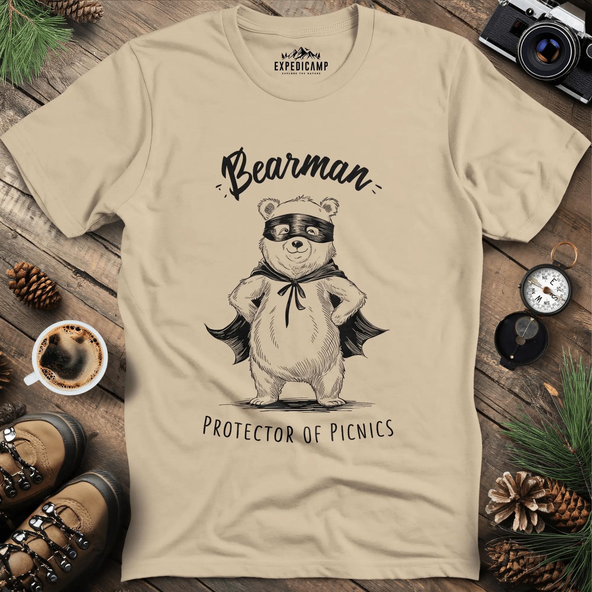 Bearman Protector of Picnics T-Shirt – Sand – Outdoor apparel for travel, hiking, camping, and nature lovers – ExpediCamp