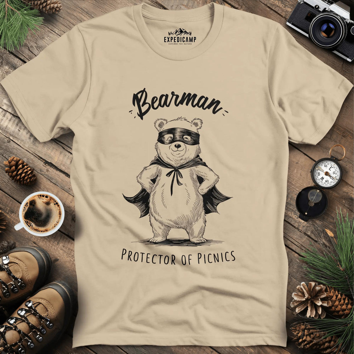 Bearman Protector of Picnics T-Shirt – Sand – Outdoor apparel for travel, hiking, camping, and nature lovers – ExpediCamp