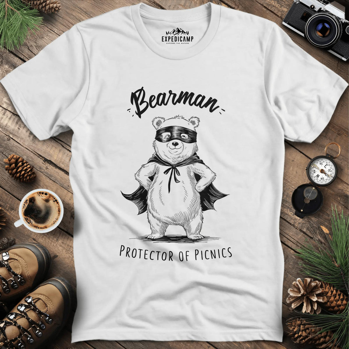 Bearman Protector of Picnics T-Shirt – White – Outdoor apparel for travel, hiking, camping, and nature lovers – ExpediCamp