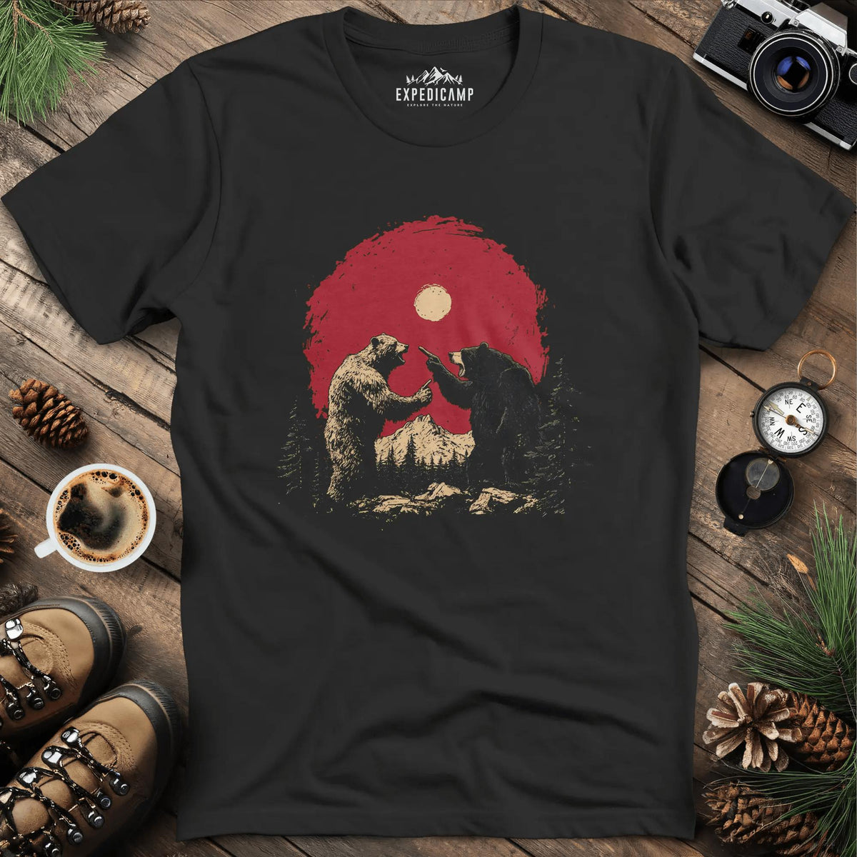 Bears Arguing T-Shirt – Wilderness Dispute – Black – Outdoor apparel for travel, hiking, camping, and nature lovers – ExpediCamp