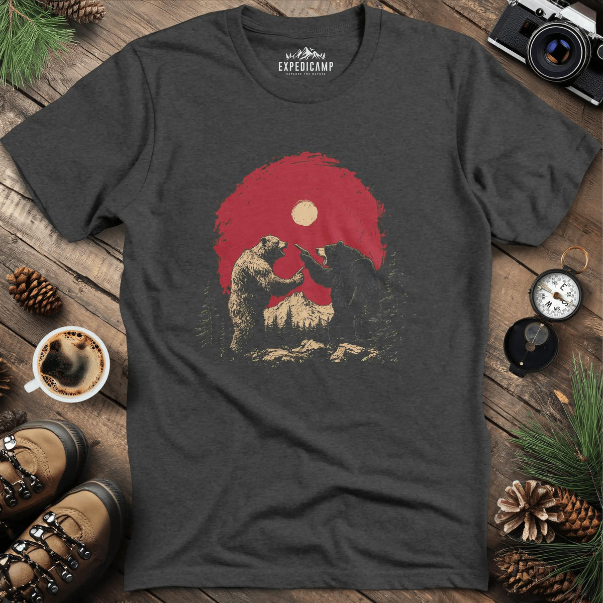 Bears Arguing T-Shirt – Wilderness Dispute – Dark Heather – Outdoor apparel for travel, hiking, camping, and nature lovers – ExpediCamp