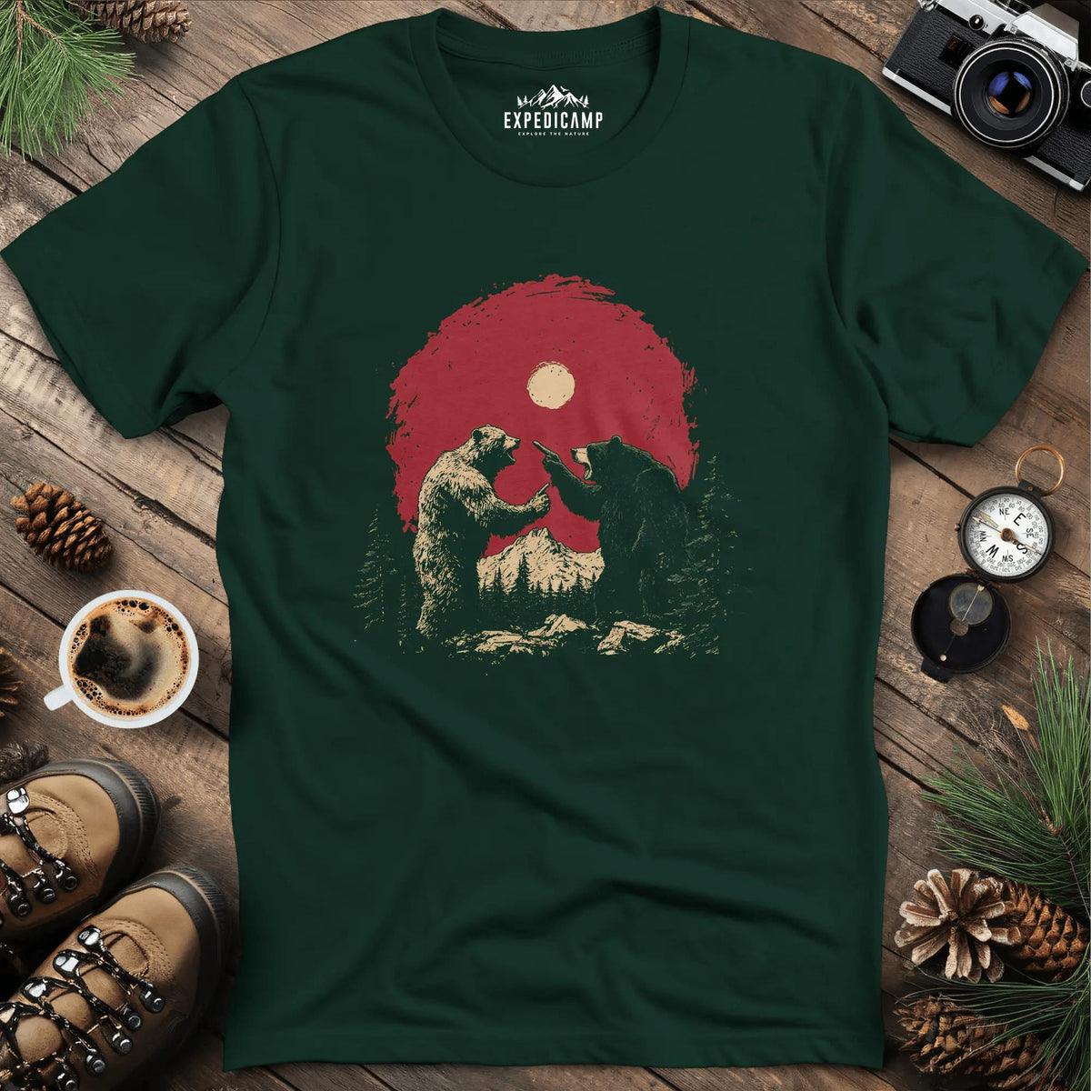 Bears Arguing T-Shirt – Wilderness Dispute – Forest Green – Outdoor apparel for travel, hiking, camping, and nature lovers – ExpediCamp