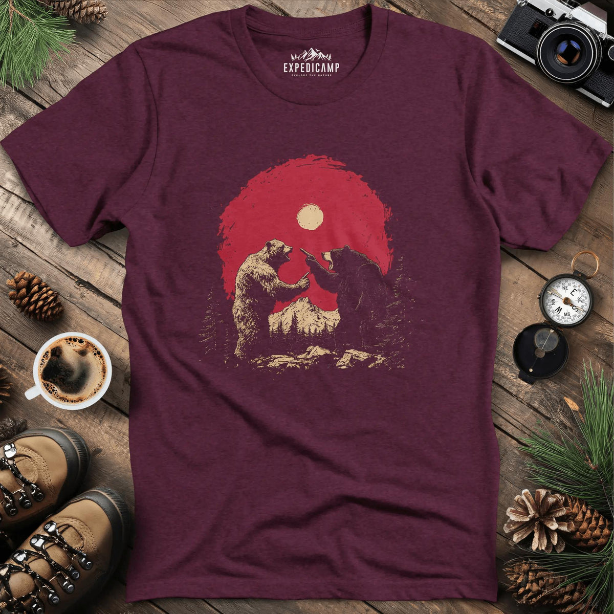 Bears Arguing T-Shirt – Wilderness Dispute – Heather Maroon – Outdoor apparel for travel, hiking, camping, and nature lovers – ExpediCamp