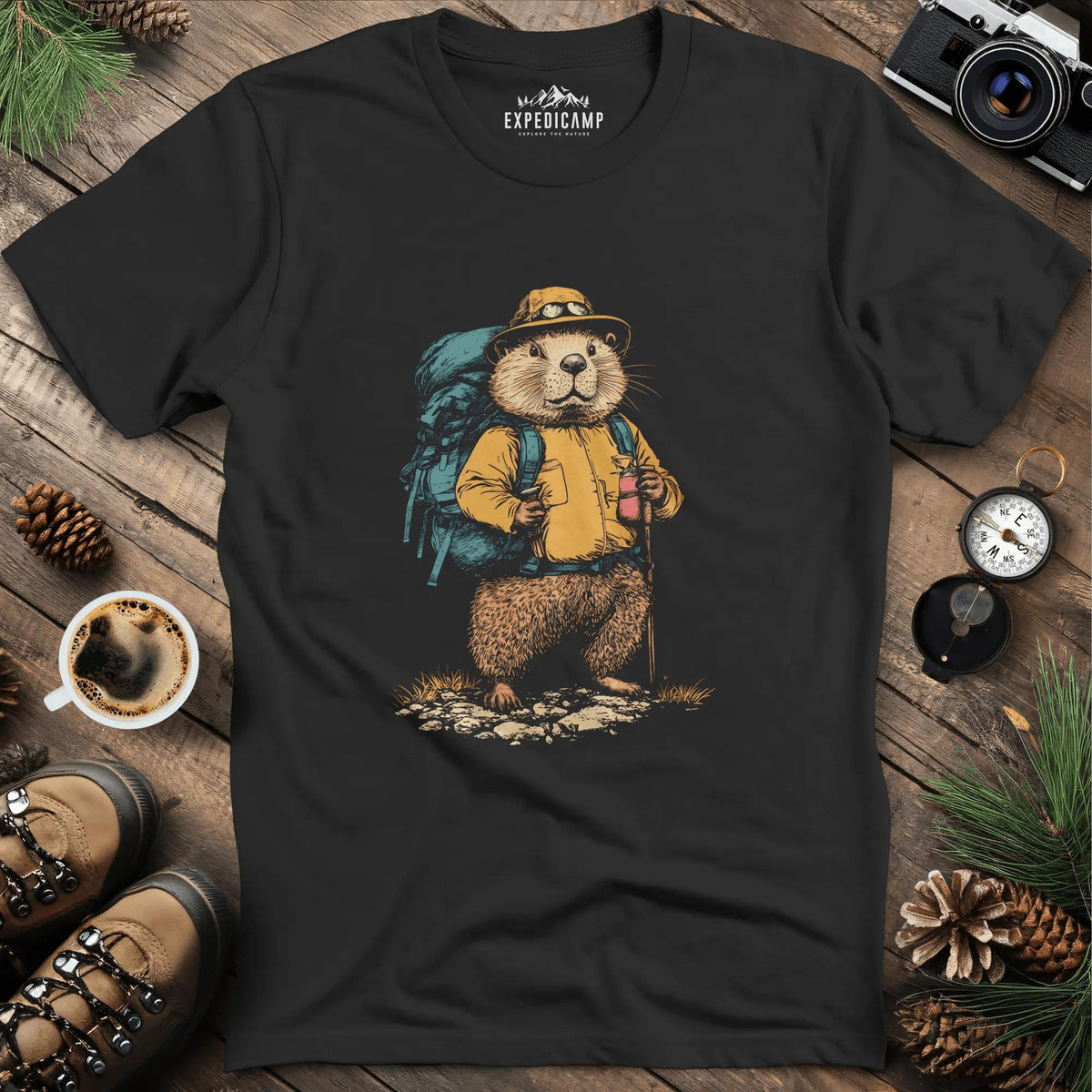 Beaver Hiker T-Shirt – Nature’s Builder – Black – Outdoor apparel for travel, hiking, camping, and nature lovers – ExpediCamp