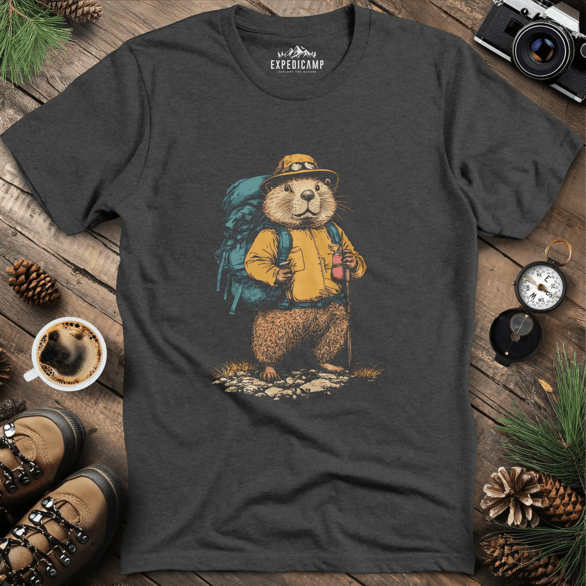 Beaver Hiker T-Shirt – Nature’s Builder – Dark Heather – Outdoor apparel for travel, hiking, camping, and nature lovers – ExpediCamp