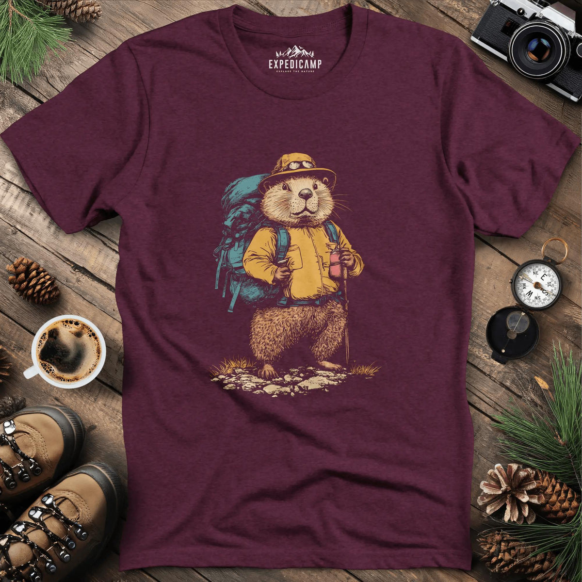 Beaver Hiker T-Shirt – Nature’s Builder – Heather Maroon – Outdoor apparel for travel, hiking, camping, and nature lovers – ExpediCamp