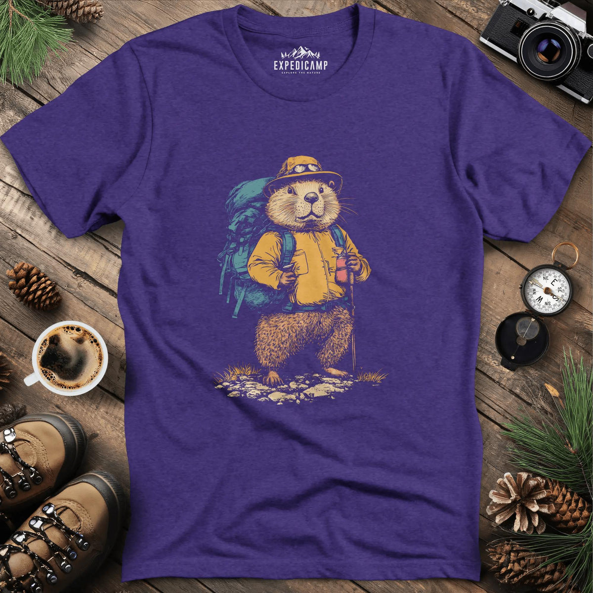 Beaver Hiker T-Shirt – Nature’s Builder – Heather Purple – Outdoor apparel for travel, hiking, camping, and nature lovers – ExpediCamp