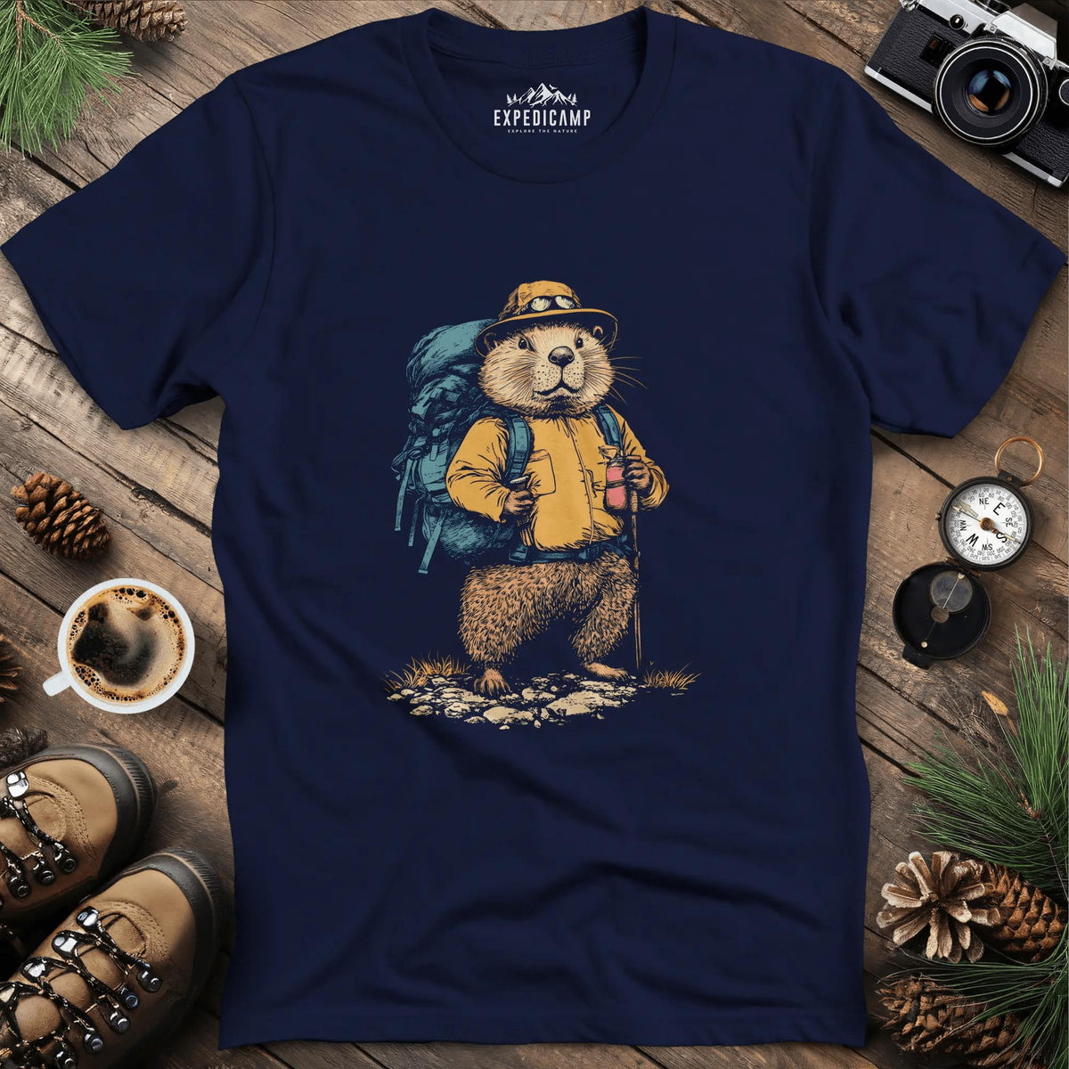 Beaver Hiker T-Shirt – Nature’s Builder – Navy – Outdoor apparel for travel, hiking, camping, and nature lovers – ExpediCamp