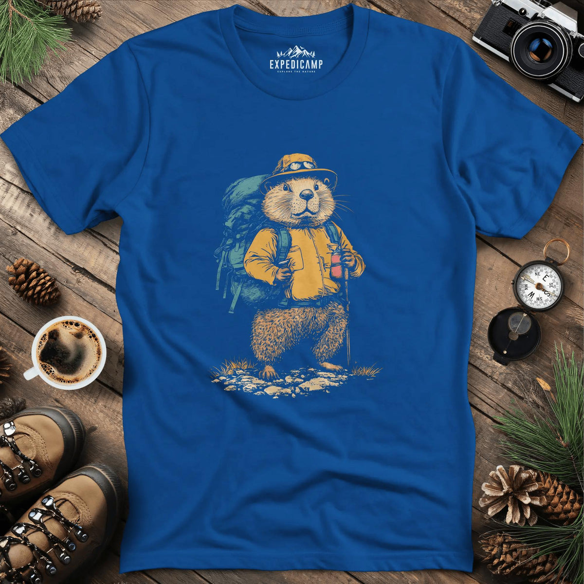Beaver Hiker T-Shirt – Nature’s Builder – Royal – Outdoor apparel for travel, hiking, camping, and nature lovers – ExpediCamp