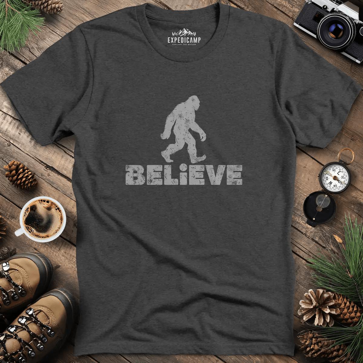 Believe Bigfoot T-Shirt – Dark Heather – Outdoor apparel for travel, hiking, camping, and nature lovers – ExpediCamp
