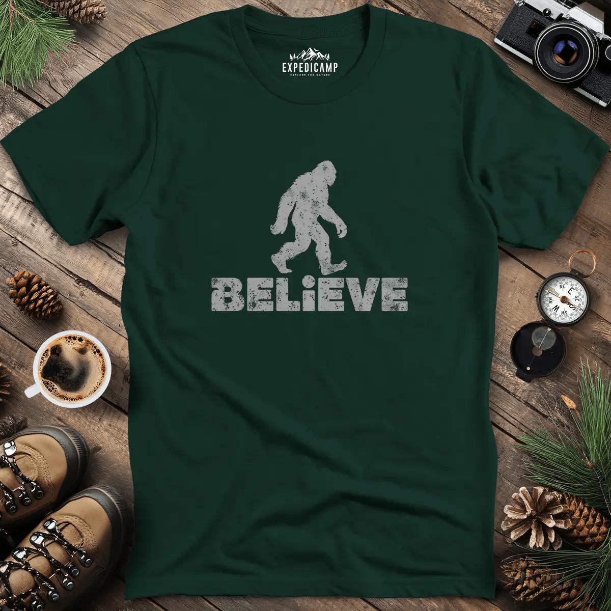 Believe Bigfoot T-Shirt – Forest Green – Outdoor apparel for travel, hiking, camping, and nature lovers – ExpediCamp