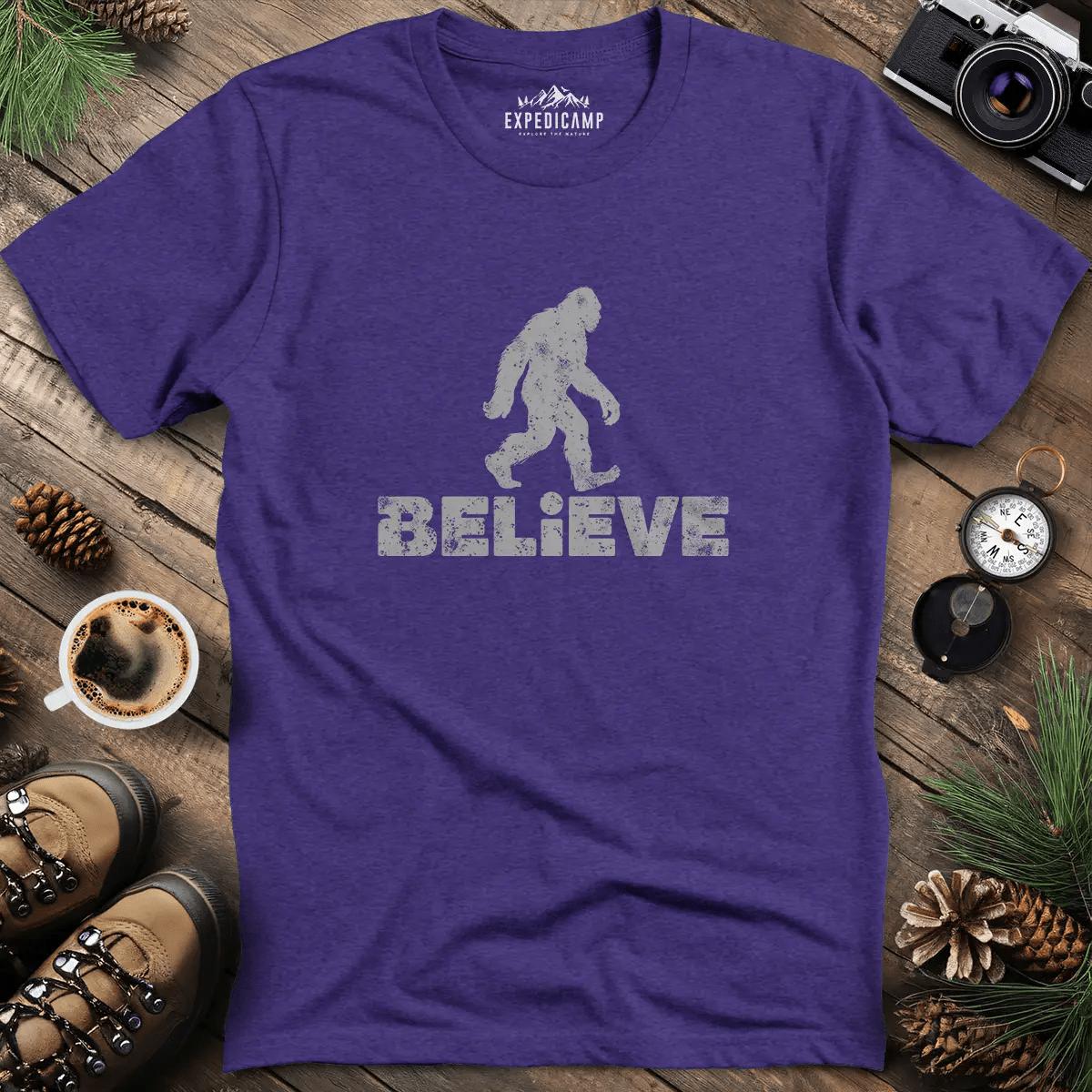 Believe Bigfoot T-Shirt – Heather Purple – Outdoor apparel for travel, hiking, camping, and nature lovers – ExpediCamp