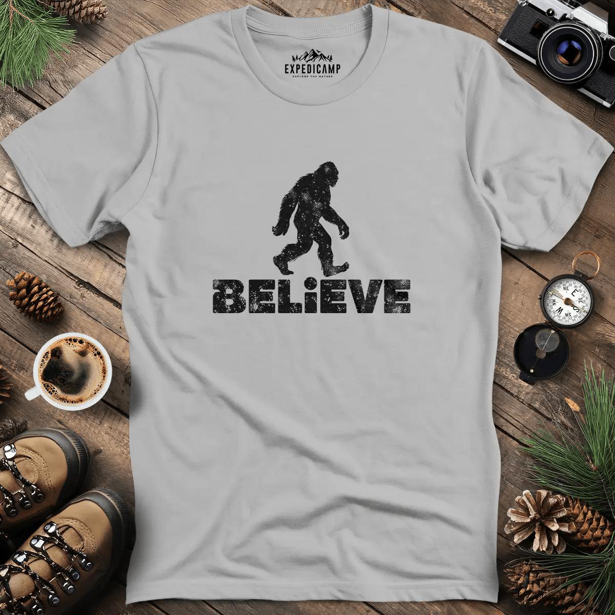 Believe Bigfoot T-Shirt – Ice Grey – Outdoor apparel for travel, hiking, camping, and nature lovers – ExpediCamp