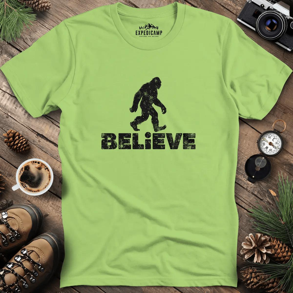 Believe Bigfoot T-Shirt – Kiwi – Outdoor apparel for travel, hiking, camping, and nature lovers – ExpediCamp