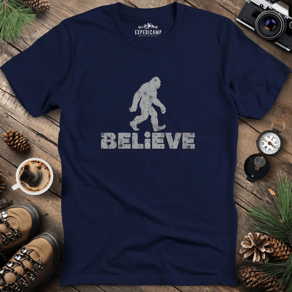 Believe Bigfoot T-Shirt – Navy – Outdoor apparel for travel, hiking, camping, and nature lovers – ExpediCamp