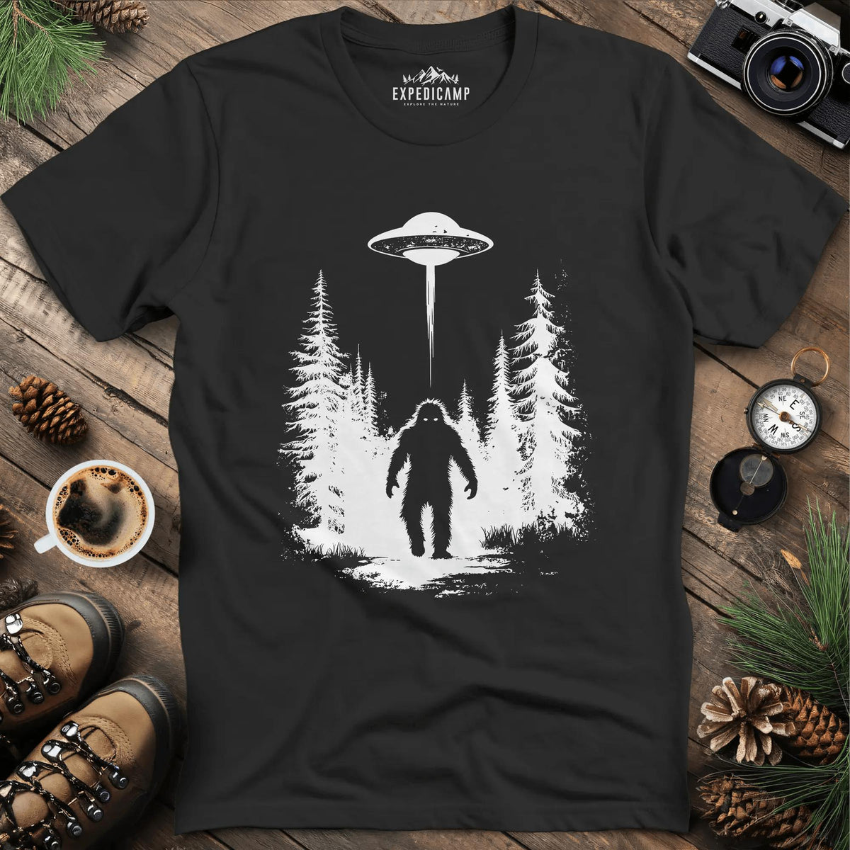 Bigfoot and UFO Encounter T-Shirt – Black – Outdoor apparel for travel, hiking, camping, and nature lovers – ExpediCamp