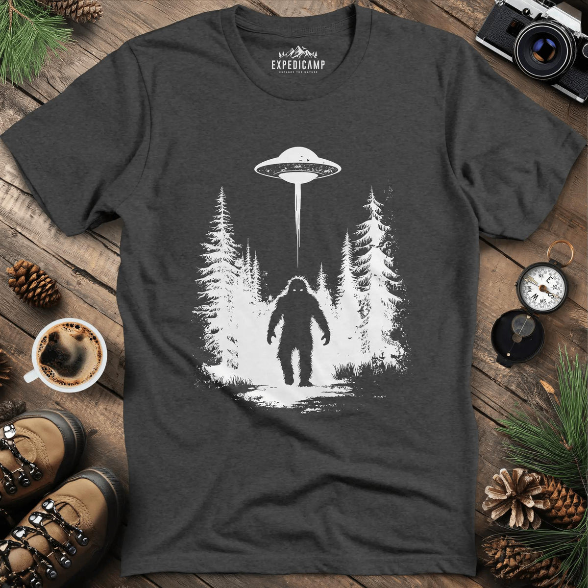 Bigfoot and UFO Encounter T-Shirt – Dark Heather – Outdoor apparel for travel, hiking, camping, and nature lovers – ExpediCamp