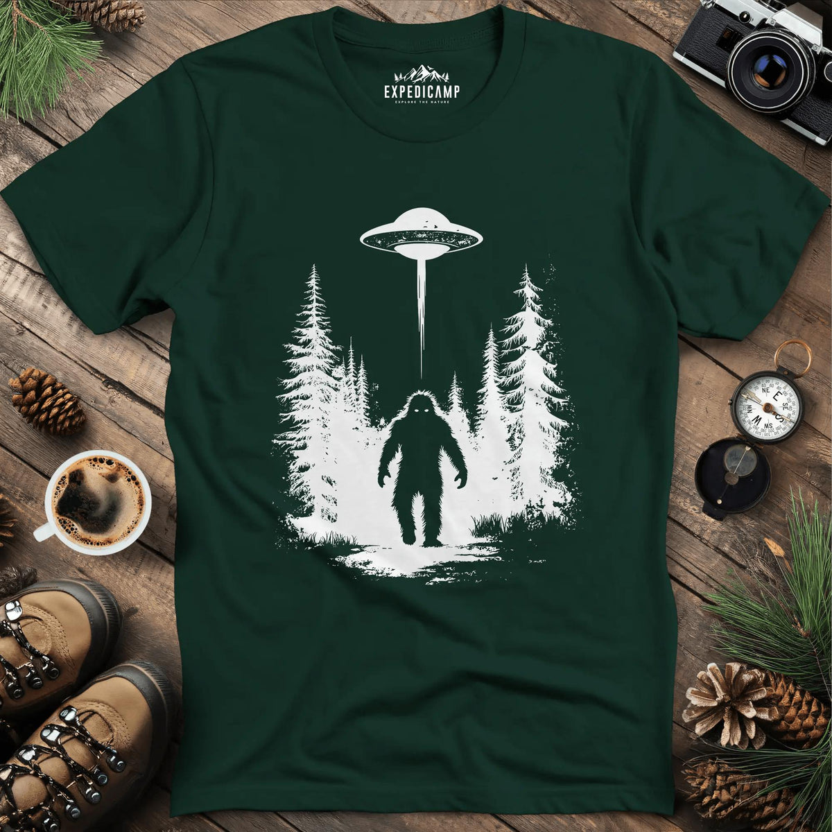 Bigfoot and UFO Encounter T-Shirt – Forest Green – Outdoor apparel for travel, hiking, camping, and nature lovers – ExpediCamp