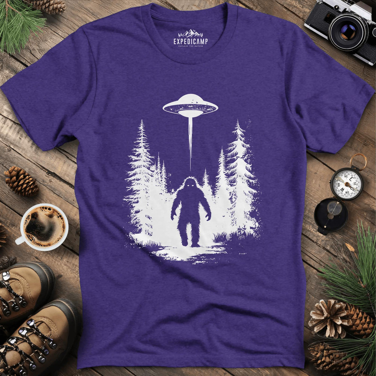 Bigfoot and UFO Encounter T-Shirt – Heather Purple – Outdoor apparel for travel, hiking, camping, and nature lovers – ExpediCamp