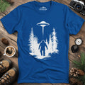 Bigfoot and UFO Encounter T-Shirt – Royal – Outdoor apparel for travel, hiking, camping, and nature lovers – ExpediCamp