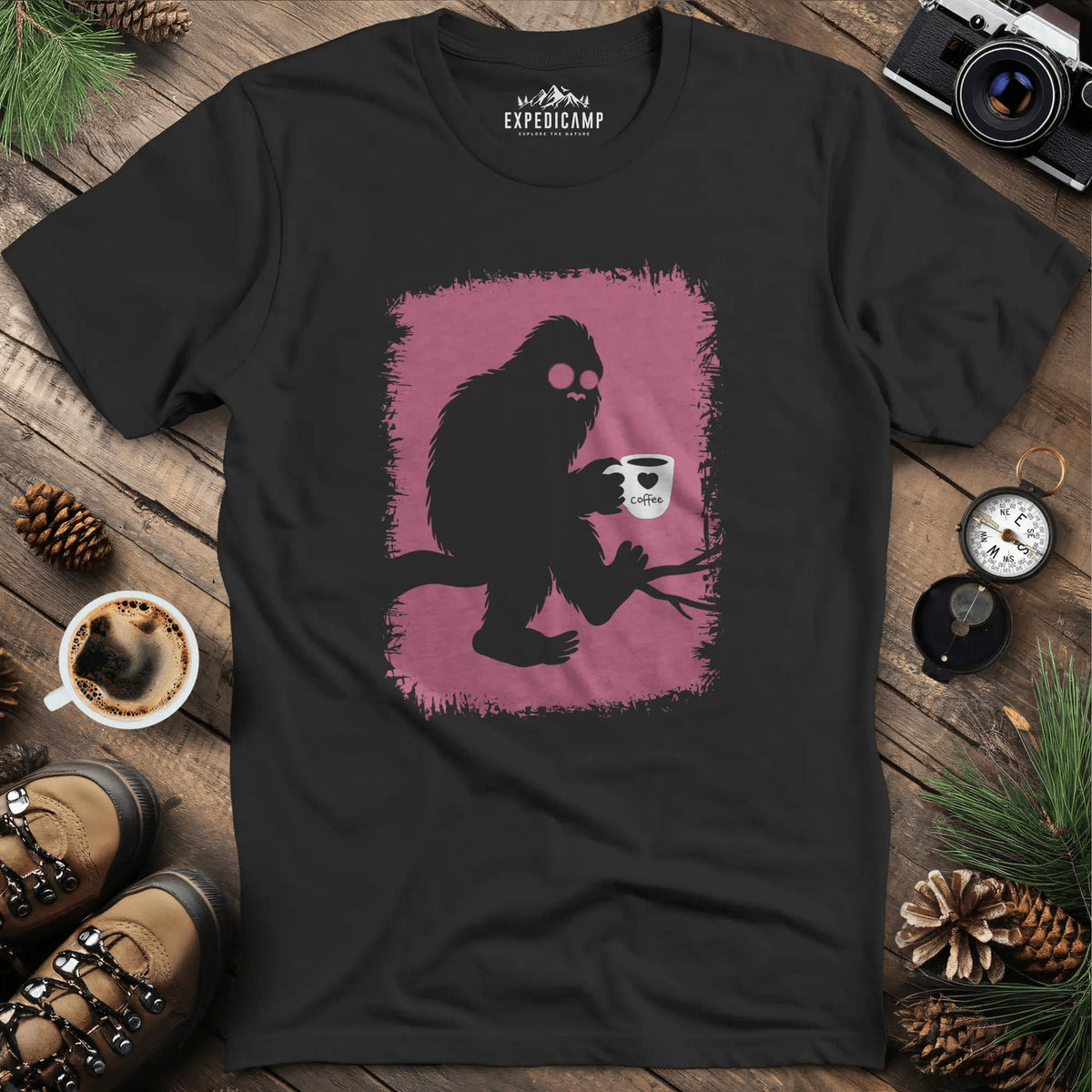Bigfoot Coffee Lover T-Shirt – Black – Outdoor apparel for travel, hiking, camping, and nature lovers – ExpediCamp