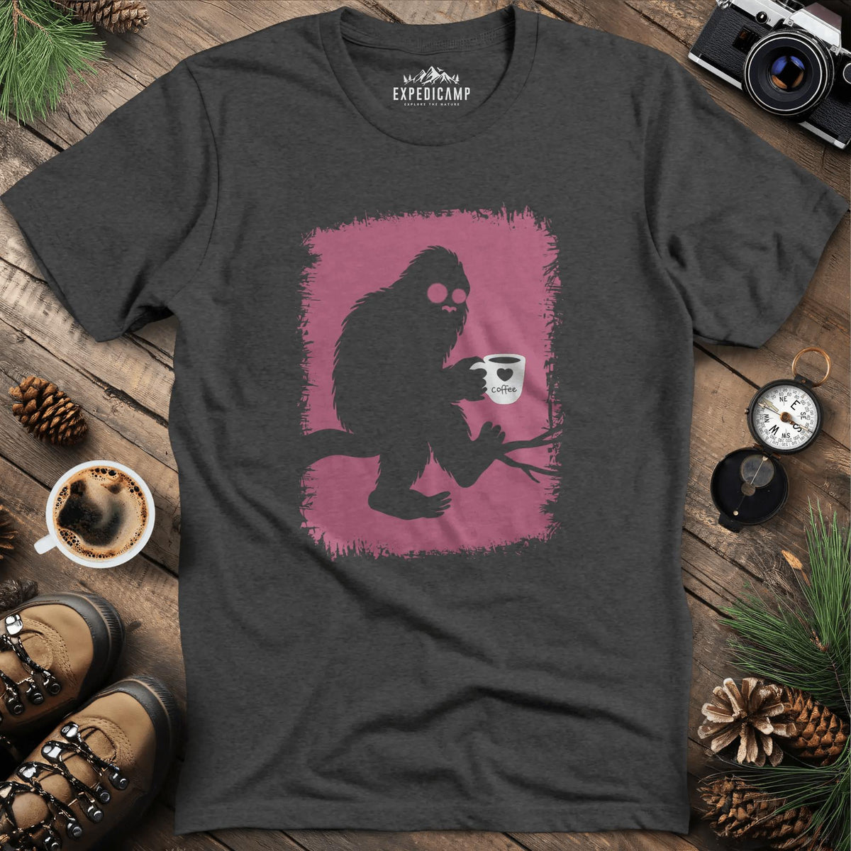 Bigfoot Coffee Lover T-Shirt – Dark Heather – Outdoor apparel for travel, hiking, camping, and nature lovers – ExpediCamp