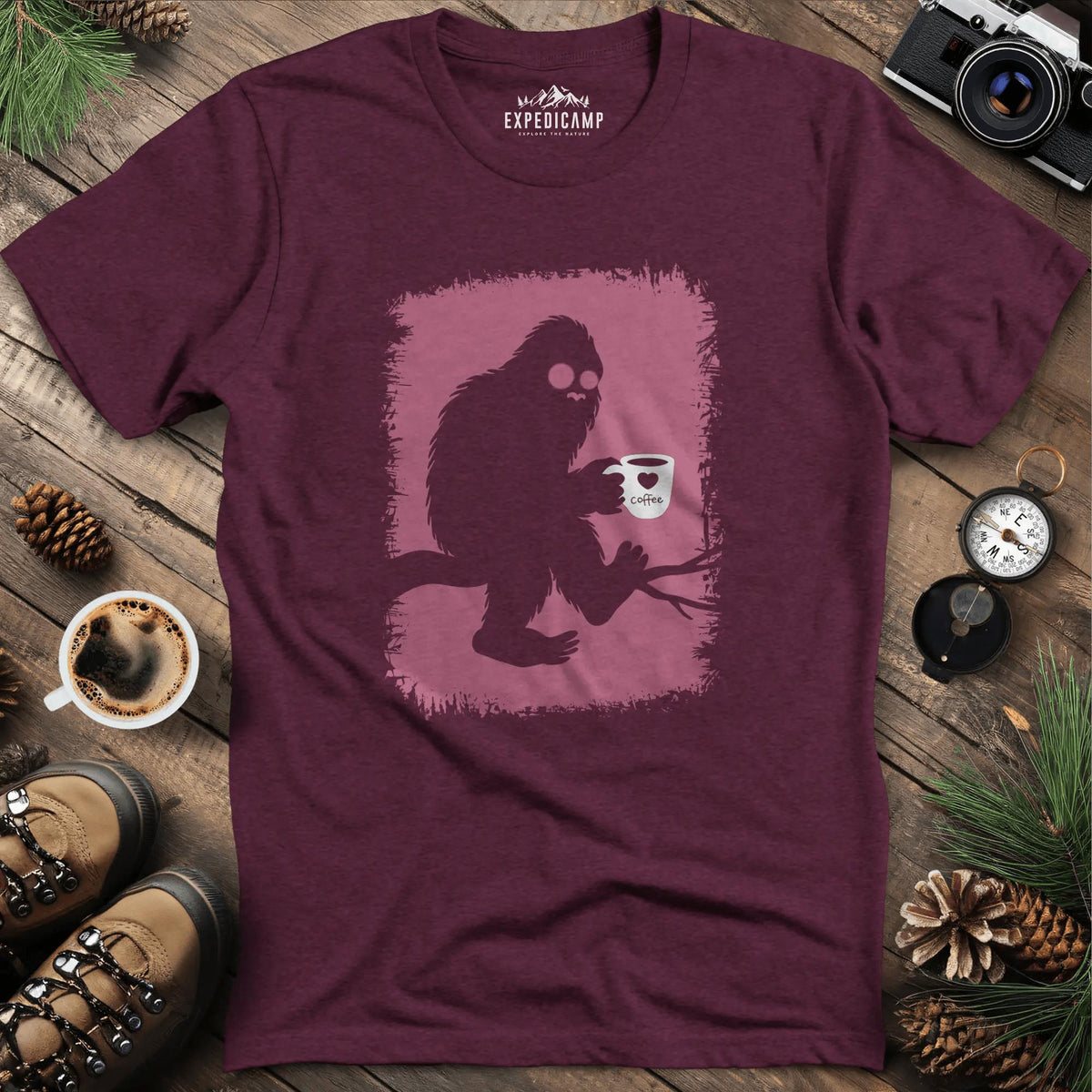 Bigfoot Coffee Lover T-Shirt – Heather Maroon – Outdoor apparel for travel, hiking, camping, and nature lovers – ExpediCamp