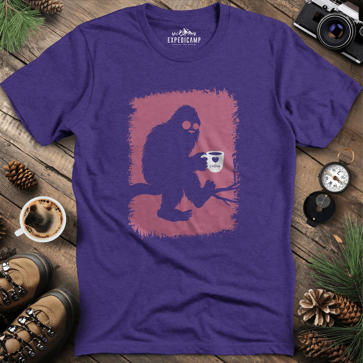 Bigfoot Coffee Lover T-Shirt – Heather Purple – Outdoor apparel for travel, hiking, camping, and nature lovers – ExpediCamp
