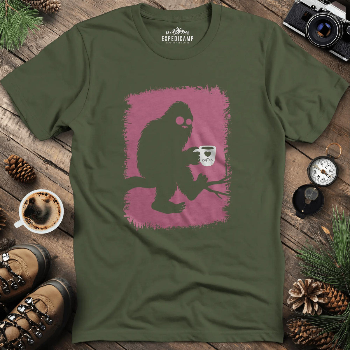 Bigfoot Coffee Lover T-Shirt – Military Green – Outdoor apparel for travel, hiking, camping, and nature lovers – ExpediCamp