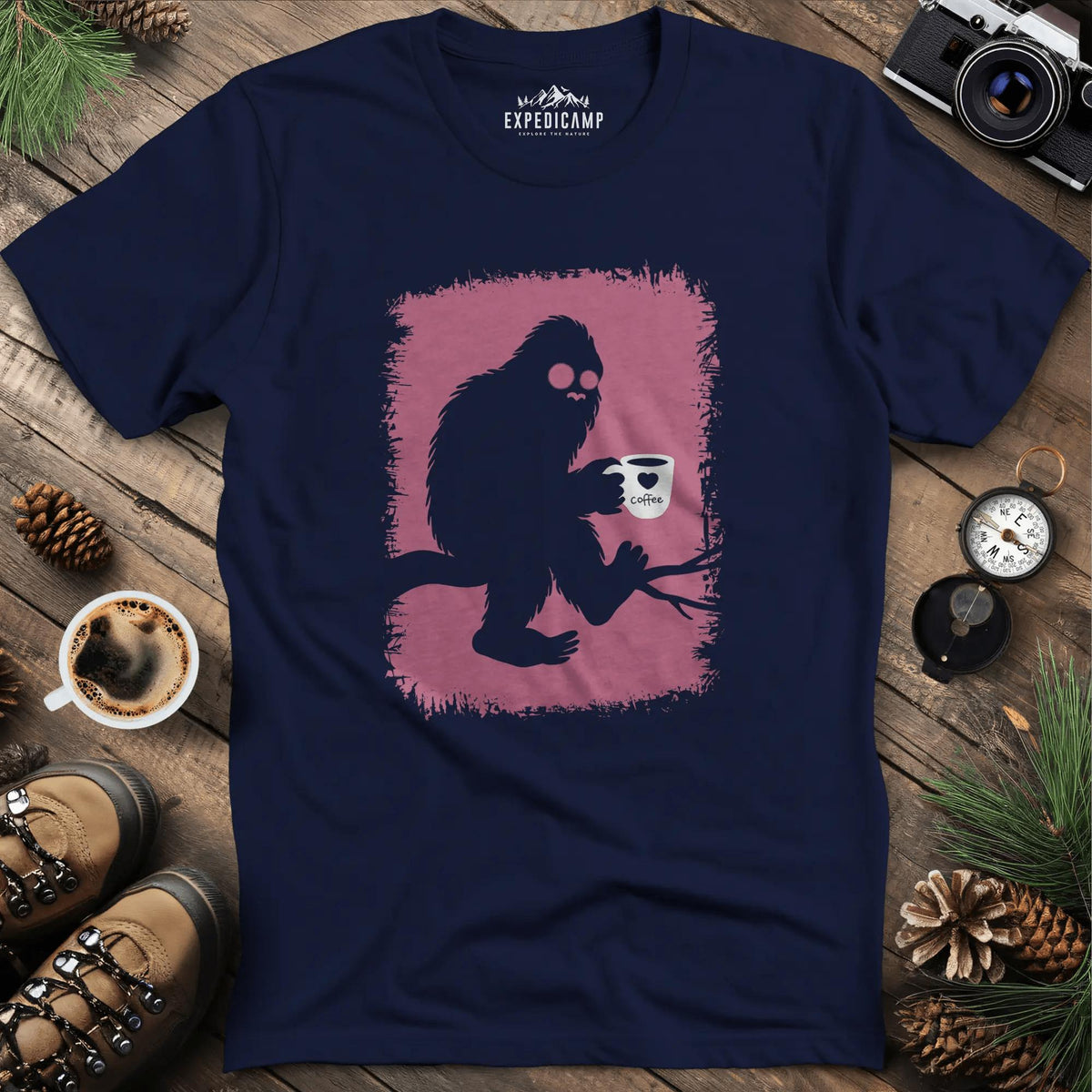 Bigfoot Coffee Lover T-Shirt – Navy – Outdoor apparel for travel, hiking, camping, and nature lovers – ExpediCamp